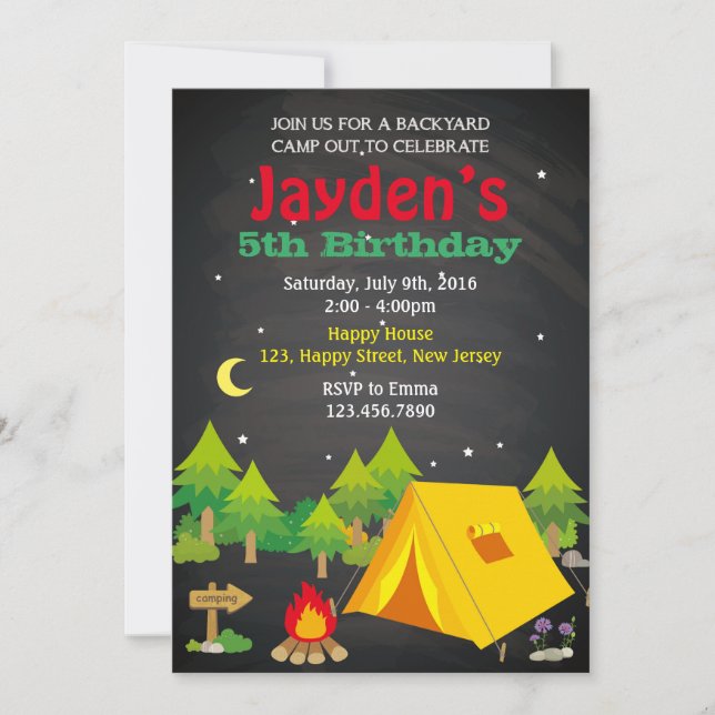 Invitación de cumpleaños de camping (Anverso)