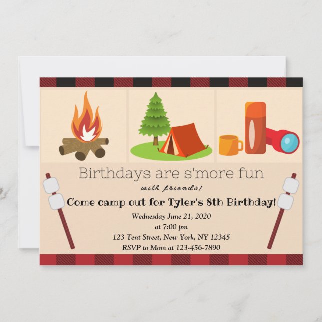 Invitación de cumpleaños de camping (Anverso)
