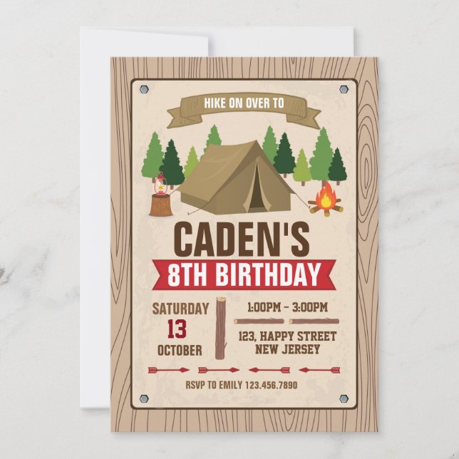 Invitación de cumpleaños de camping (Anverso)