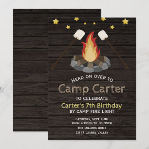 Invitación de cumpleaños de camping con hoguera