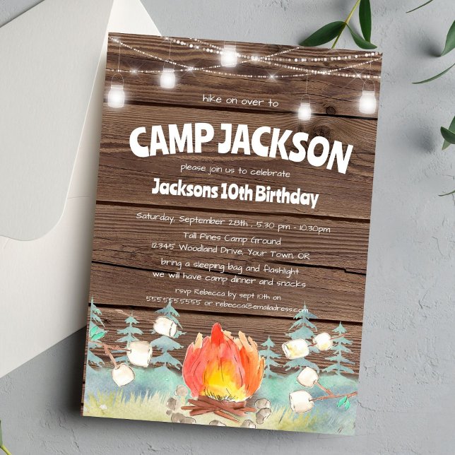Invitación de cumpleaños de camping con madera rús (Subido por el creador)