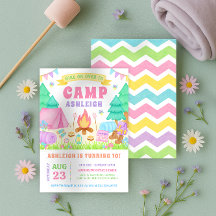 Invitación de cumpleaños de camping con pasteles f