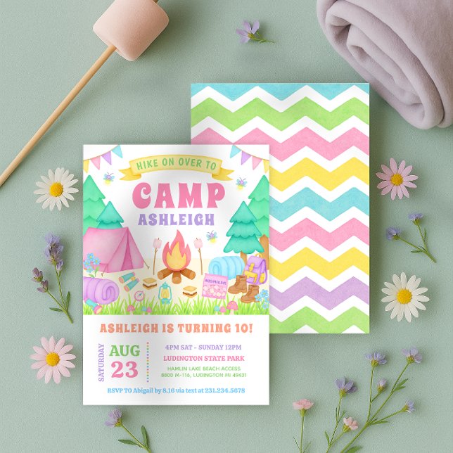 Invitación de cumpleaños de camping con pasteles f (Girly Pastel Camping Birthday Invitation)