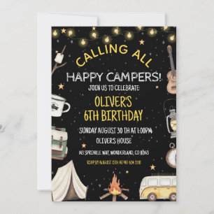 Invitación de cumpleaños de camping   Fuego al air