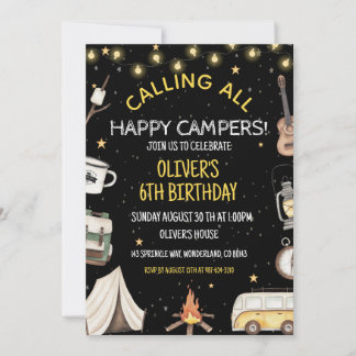 Invitación de cumpleaños de camping | Fuego al air