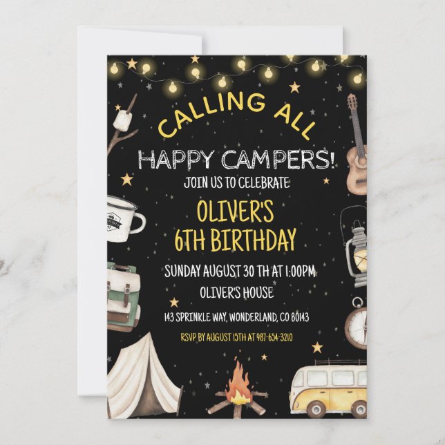 Invitación de cumpleaños de camping | Fuego al air (Anverso)