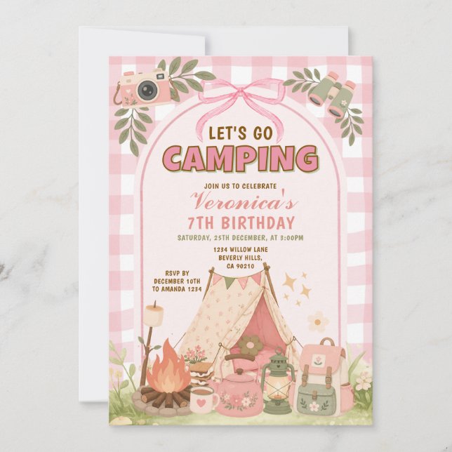Invitación de cumpleaños de camping rosa Glamping  (Anverso)