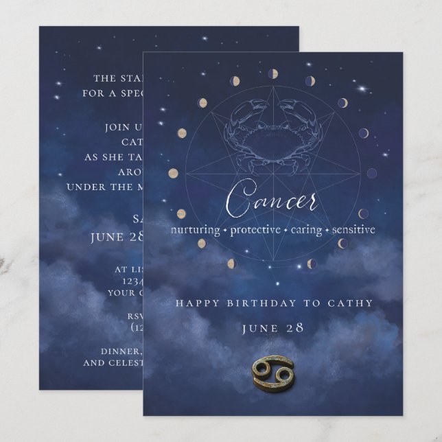 Invitación de cumpleaños de Cáncer Zodiaco (Anverso / Reverso)