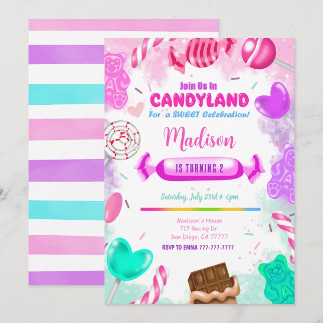 Invitación de cumpleaños de Candy land (Anverso / Reverso)