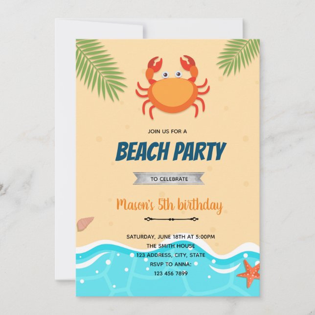 Invitación de cumpleaños de cangrejo cangrejo (Anverso)