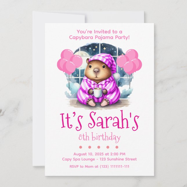  Invitación de cumpleaños de capybara con pijama  (Anverso)