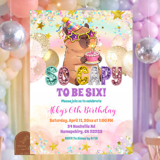 Invitación de cumpleaños de capybara con purpurina