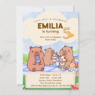 Invitación de cumpleaños de capybara para picnic