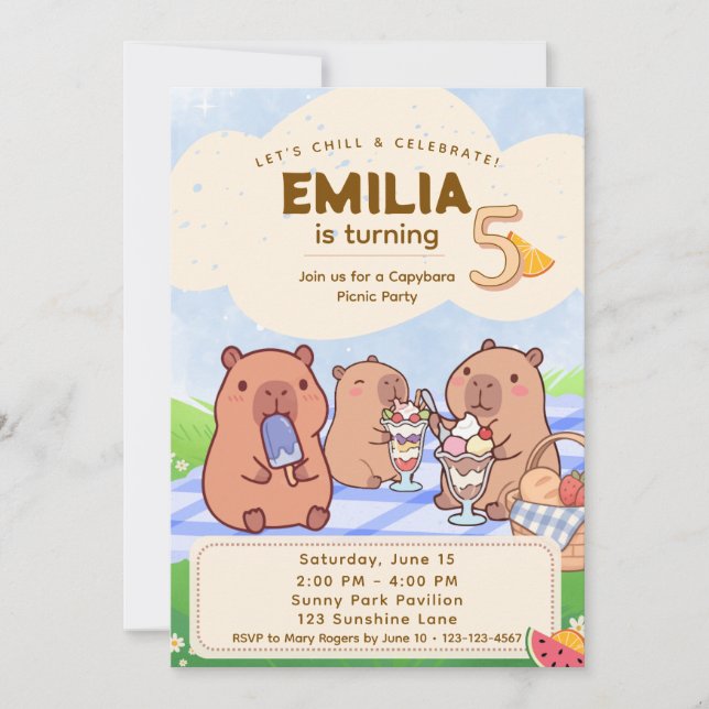 Invitación de cumpleaños de capybara para picnic (Anverso)