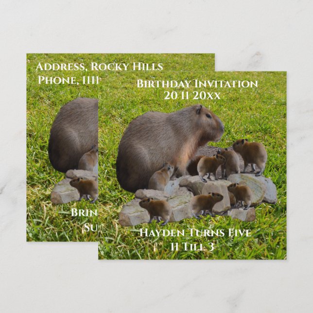 Invitación de Cumpleaños de Capybaras Mamá y Bebés (Anverso / Reverso)