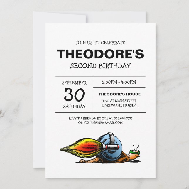 Invitación de cumpleaños de caracol cohete (Anverso)