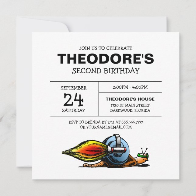 Invitación de cumpleaños de caracol cohete (Anverso)