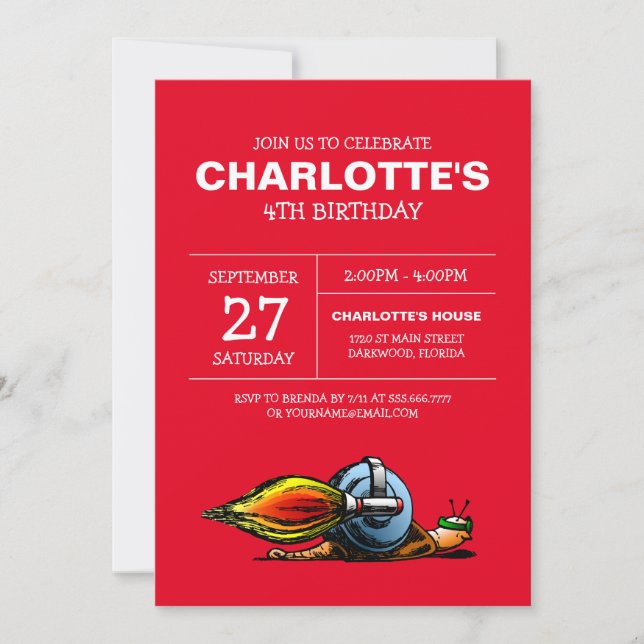 Invitación de cumpleaños de caracol cohete (Anverso)
