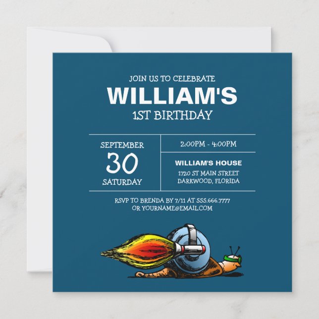 Invitación de cumpleaños de Caracol Cohete (Anverso)