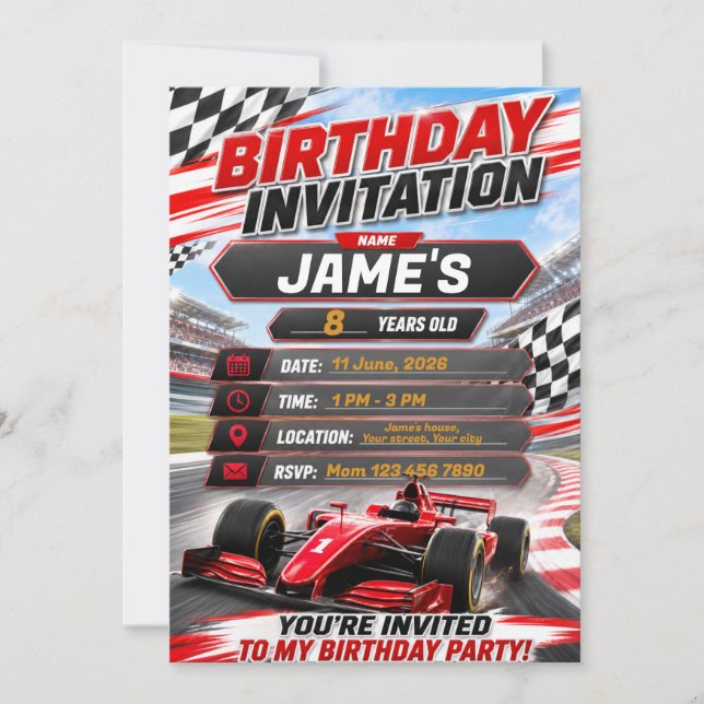 Invitación de cumpleaños de carrera de autos para  (Anverso)