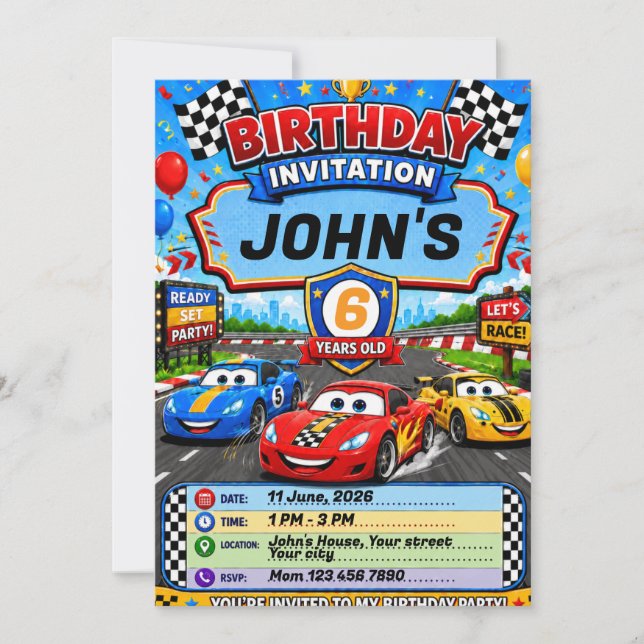 Invitación de cumpleaños de carrera de autos para  (Anverso)