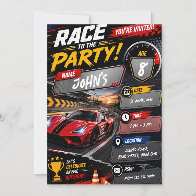 Invitación de cumpleaños de carrera de autos para  (Anverso)