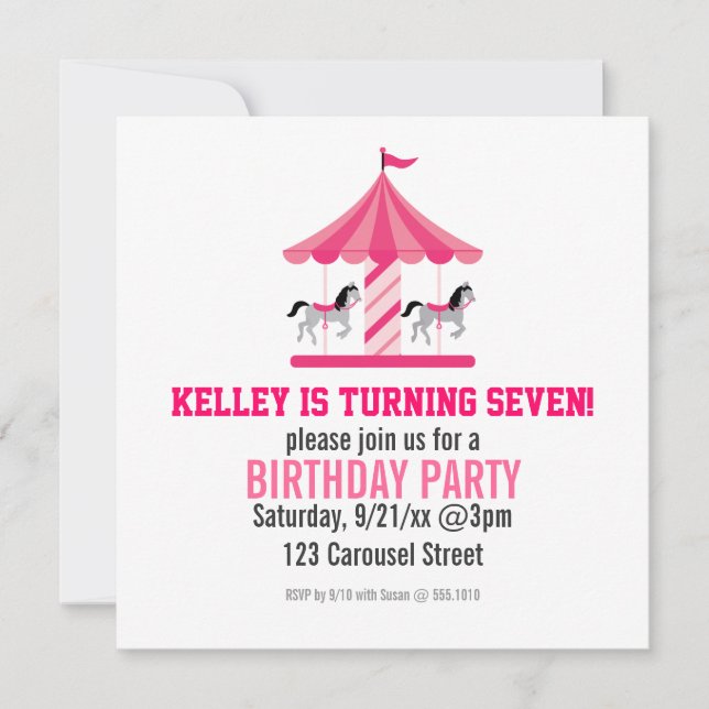 Invitación de cumpleaños de carrusel rosa (Anverso)