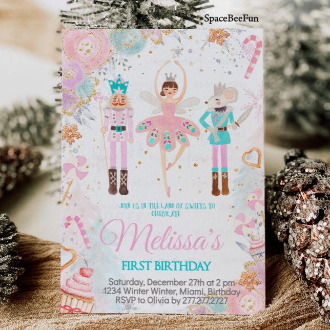 Invitación de cumpleaños de Cascanueces Niña Tierr (Nutcracker Birthday Invitation Girl Land of Sweets Invite Winter Sugar Plum Fairy Magical day)