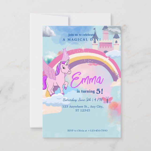 Invitación de cumpleaños de castillo de unicornio  (Anverso)