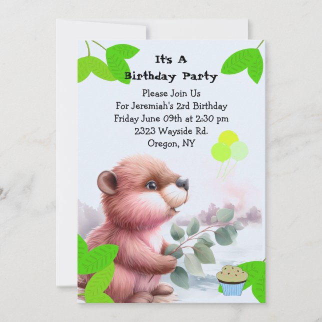 Invitación de cumpleaños de castor del bosque (Anverso)