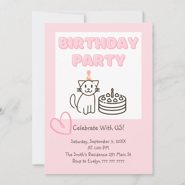 Invitación de cumpleaños de Cat&Cake Adorable (Anverso)