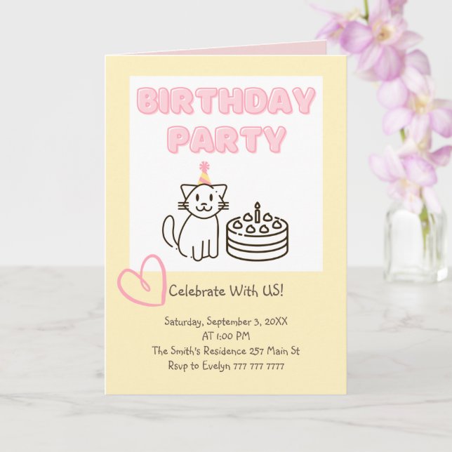 Invitación de cumpleaños de Cat&Cake Adorable (Orquídea)