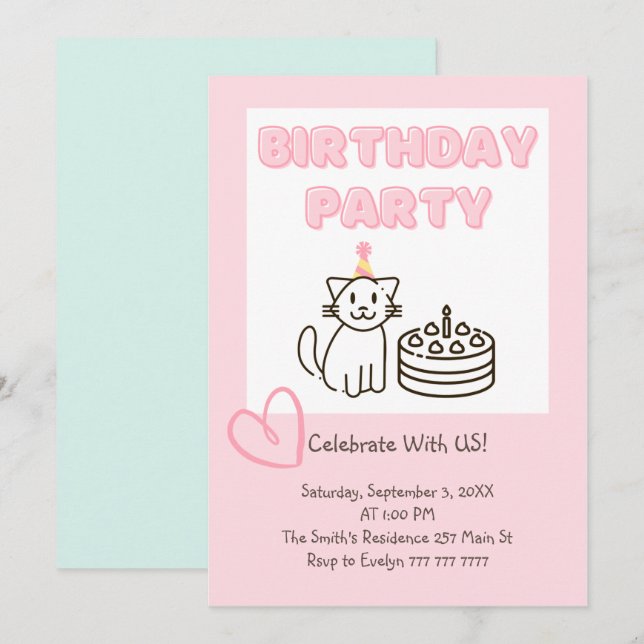Invitación de cumpleaños de Cat&Cake Adorable  (Anverso / Reverso)