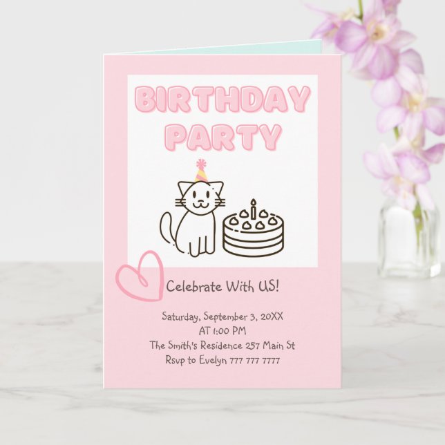Invitación de cumpleaños de Cat&Cake Adorable (Orquídea)