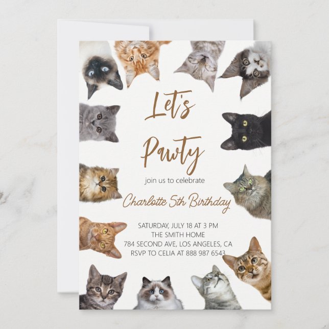 invitación de cumpleaños de Cat Pawty (Anverso)
