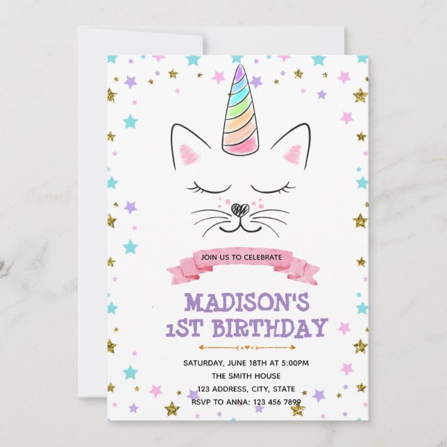 Invitación de cumpleaños de Cat unicorn (Anverso)