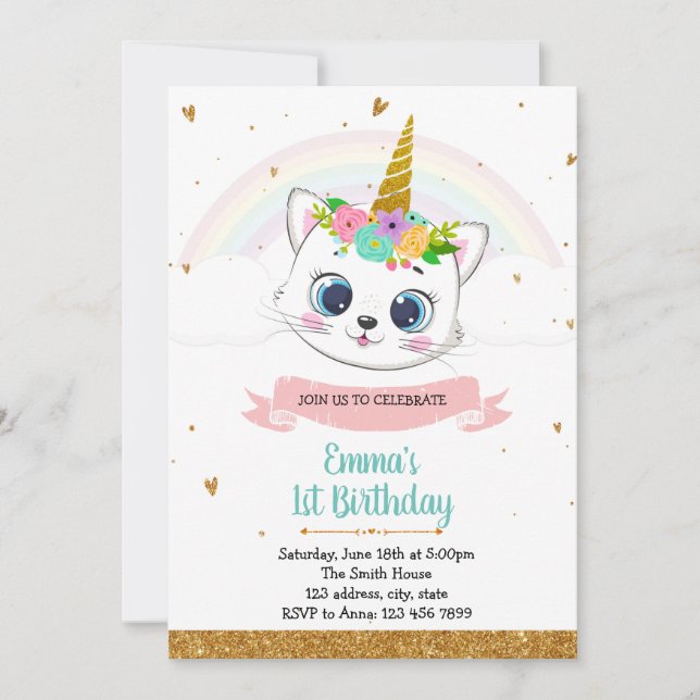 Invitación de cumpleaños de Cat unicorn (Anverso)