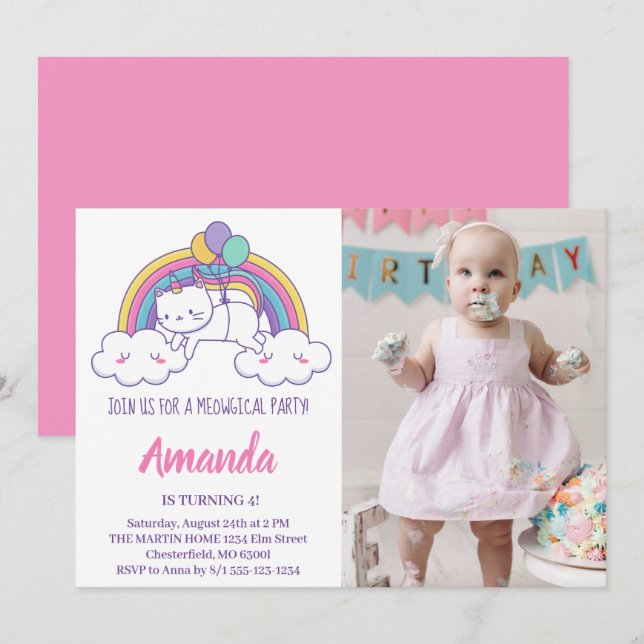 Invitación de cumpleaños de Caticorn Arcoíris Lind (Anverso / Reverso)