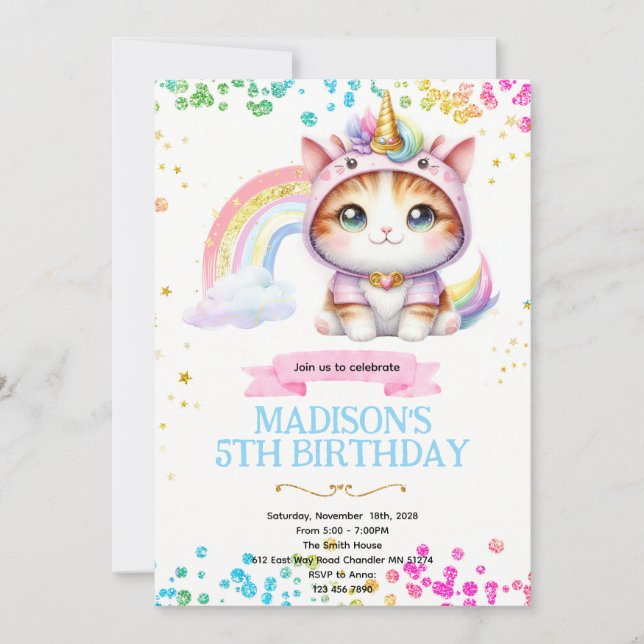 invitación de cumpleaños de Caticornio arcoíris (Anverso)