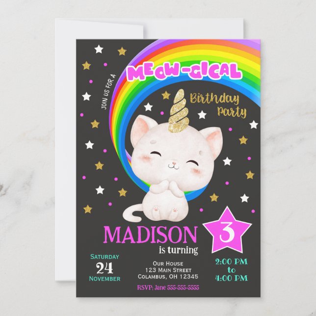 Invitación de cumpleaños de Caticornio, Arcoíris d (Anverso)