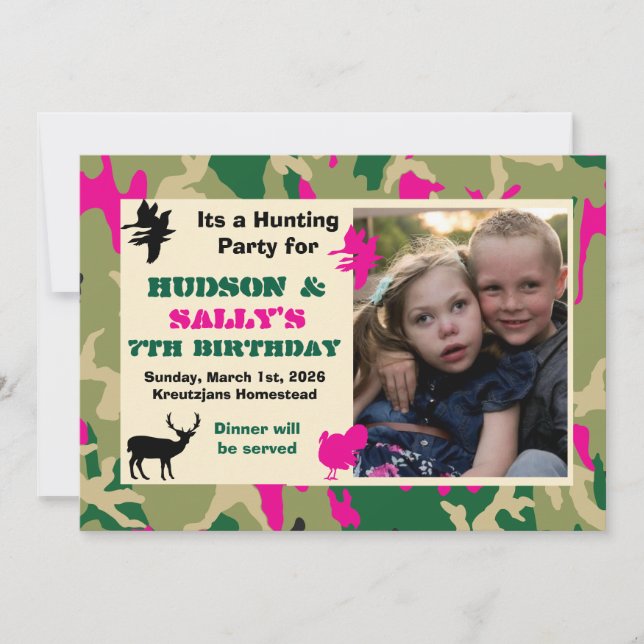 Invitación de cumpleaños de caza, para niño y niña (Anverso)