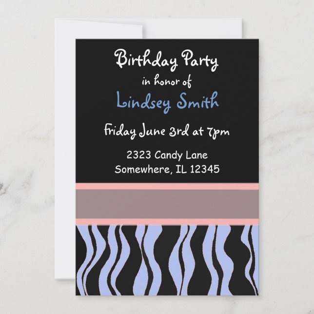Invitación de cumpleaños de cebra azul, rosa y neg (Anverso)
