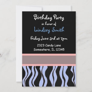 Invitación de cumpleaños de cebra azul, rosa y neg