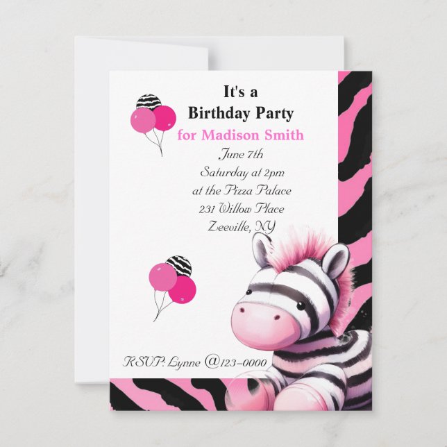 Invitación de cumpleaños de cebra dulce (Anverso)
