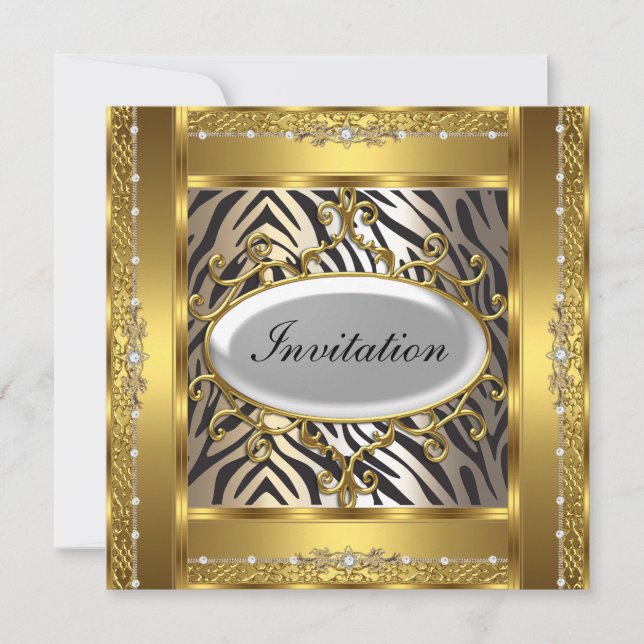 Invitación de cumpleaños de cebra y oro (Anverso)