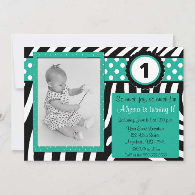 Invitación de cumpleaños de cebra y turquesa CUALQ (Anverso)