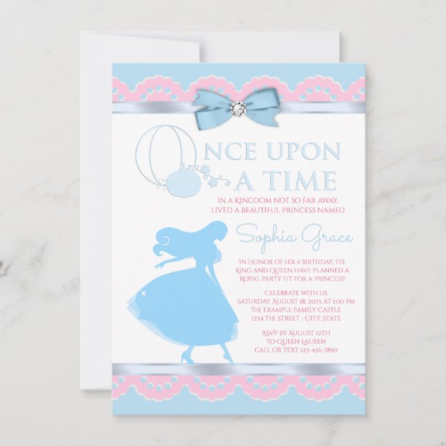 Invitación de Cumpleaños de Cenicienta Rosa Azul (Anverso)
