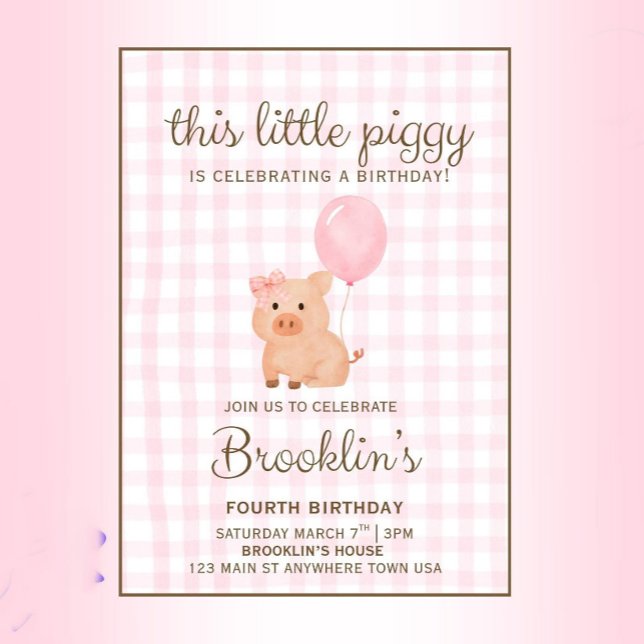 Invitación de cumpleaños de cerdito de gingham ros (Subido por el creador)