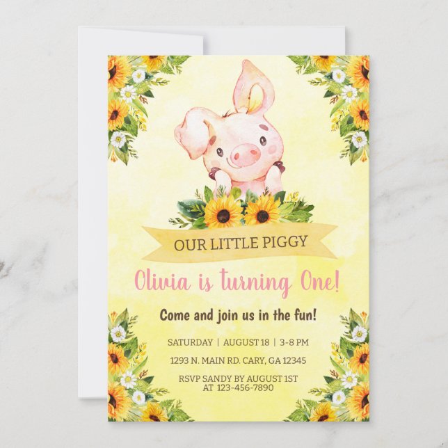 Invitación de cumpleaños de cerditos y girasoles. (Anverso)