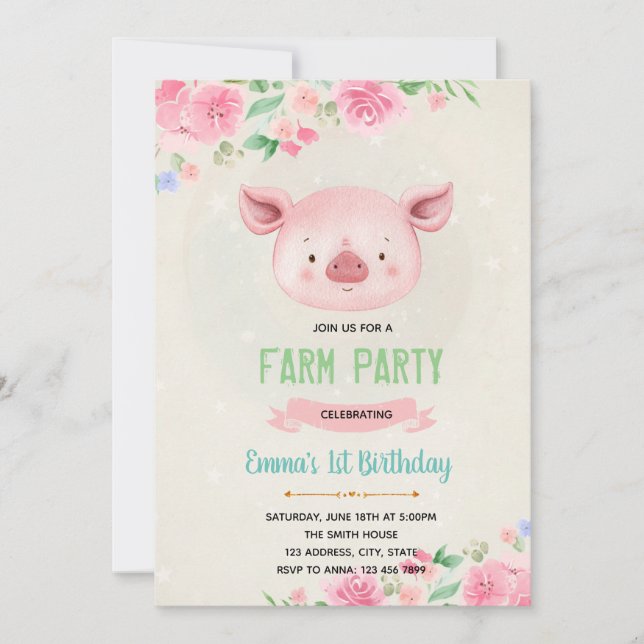 Invitación de cumpleaños de cerdo lindo (Anverso)